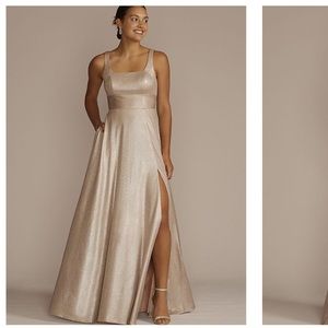 NWT -David’s Bridal JULES AND CLEO square neck stretch satin metallic tank dress